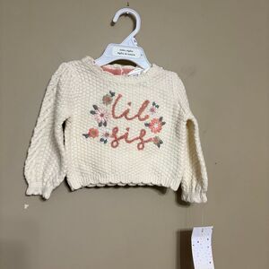 Max Studio Baby Girls “Lil Sis” Ivory Sweater Pink Embroidery Hat Included 12M